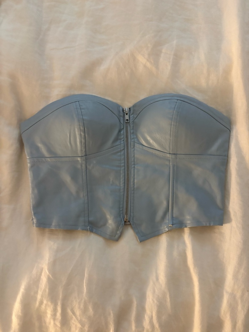 superdown Light Blue Faux Leather Strapless Crop Top